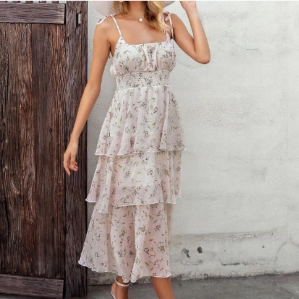 Simplee Apparel Light Pink Floral Tiered Layered Ruffle Maxi Dress